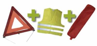 KIT DE SÉCURITÉ + POCHETTE ROUGE AVEC RIVET + GILET FLUO + TRIANGLE DE PRESIGNALITSATION